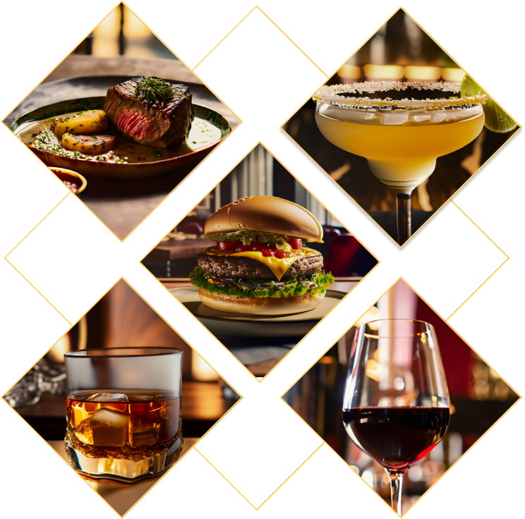 Collage of diamonds with images of drinks and food
